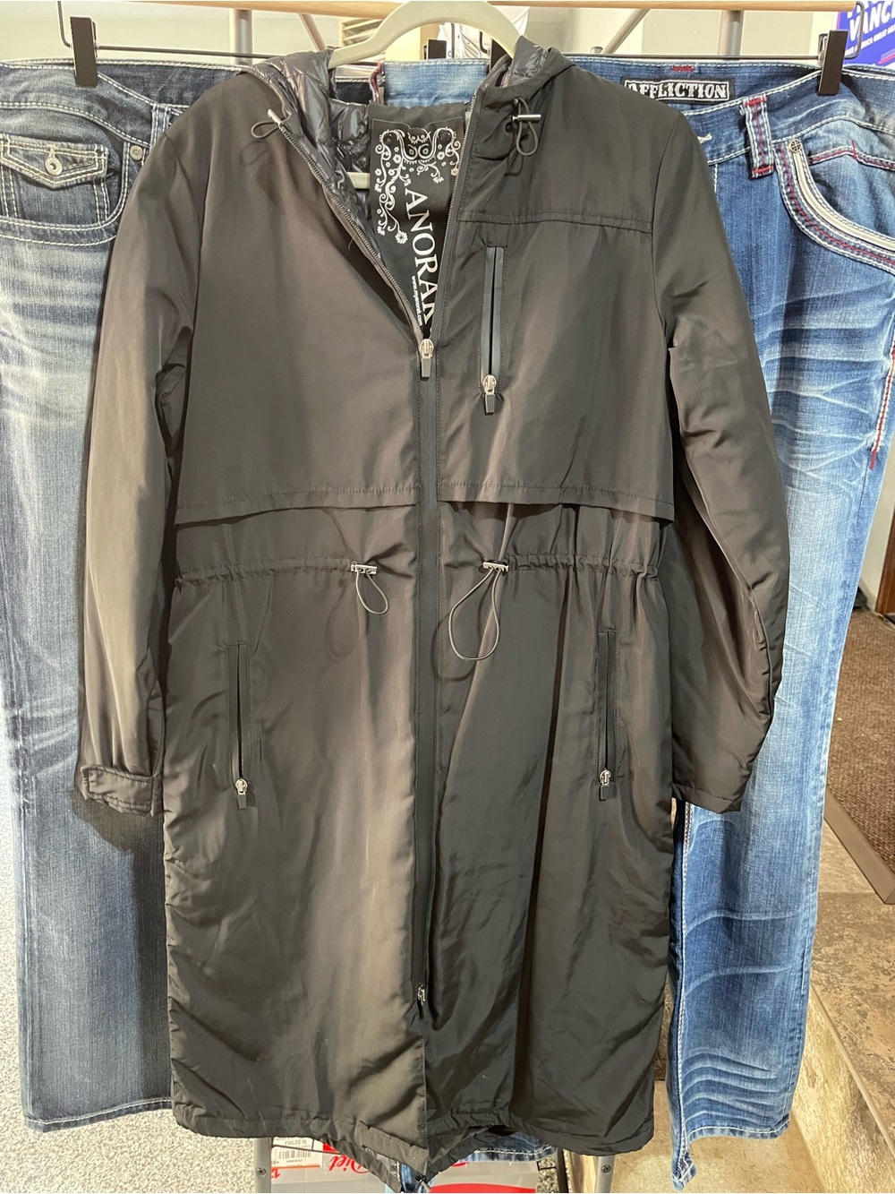 ANORAK Black Long Hooded Trench Coat with Drawstring Waist